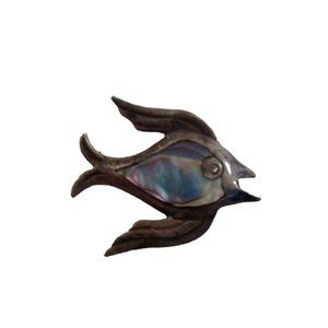 Antique Vtg .925 Sterling Silver Abalone Inset Angel Fish Brooch Lapel Pin 1.5"